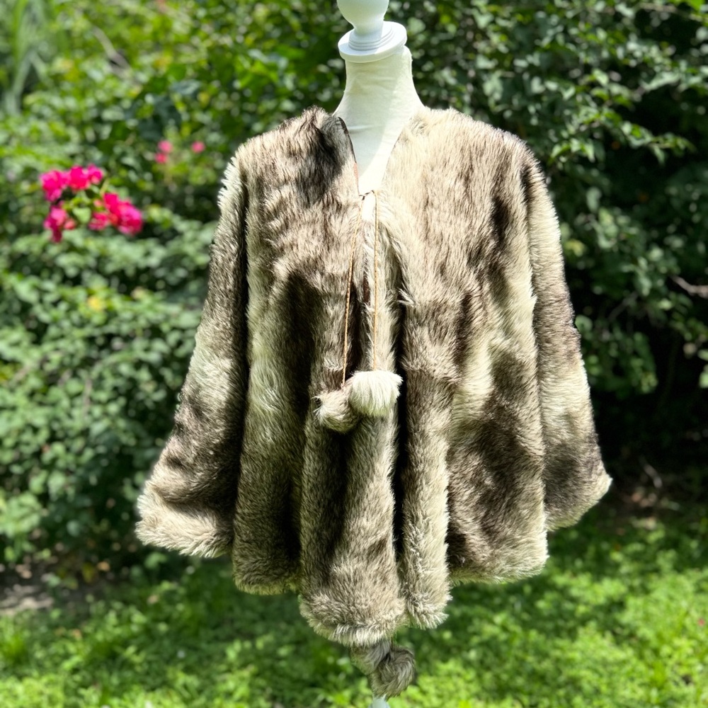 XL Vintage 70s Glam Faux Fur OOAK Retro brown Cape/Poncho with Pom Pom ties.